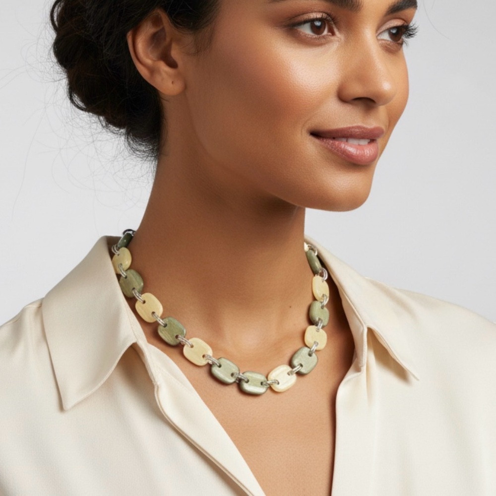 Reversible Necklace Cream Yellow Green Black White Two Style Statement Jewelry